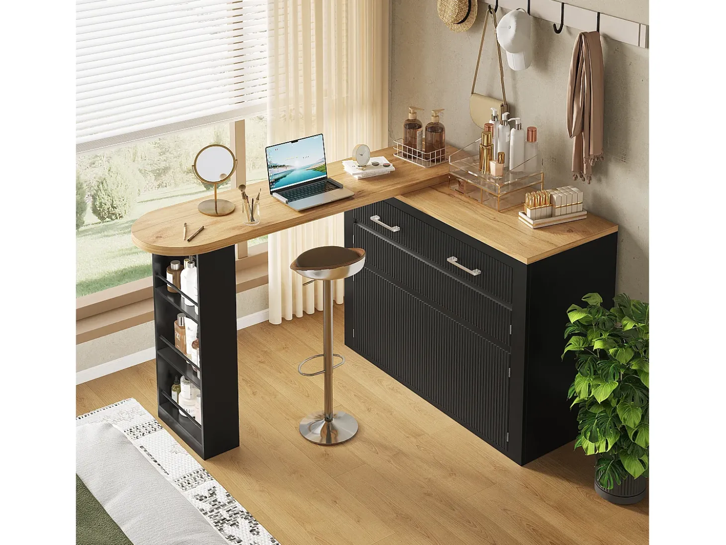 Bar extensível com 2 gavetas e 2 portas - Tampo extensível com rodízios - Preto e madeira