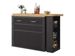Bar extensível com 2 gavetas e 2 portas - Tampo extensível com rodízios - Preto e madeira
