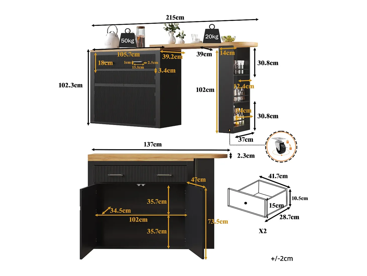 Bar extensível com 2 gavetas e 2 portas - Tampo extensível com rodízios - Preto e madeira