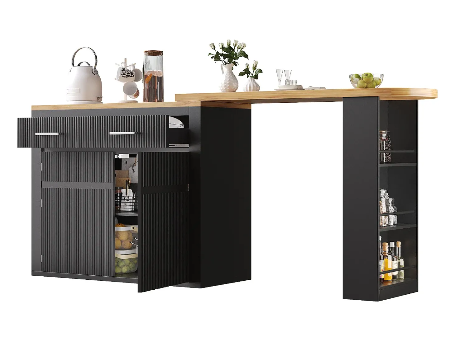 Bar extensível com 2 gavetas e 2 portas - Tampo extensível com rodízios - Preto e madeira