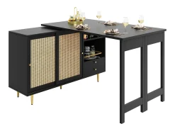 Bar giratório com 2 portas de correr em rattan e gaveta - Preto