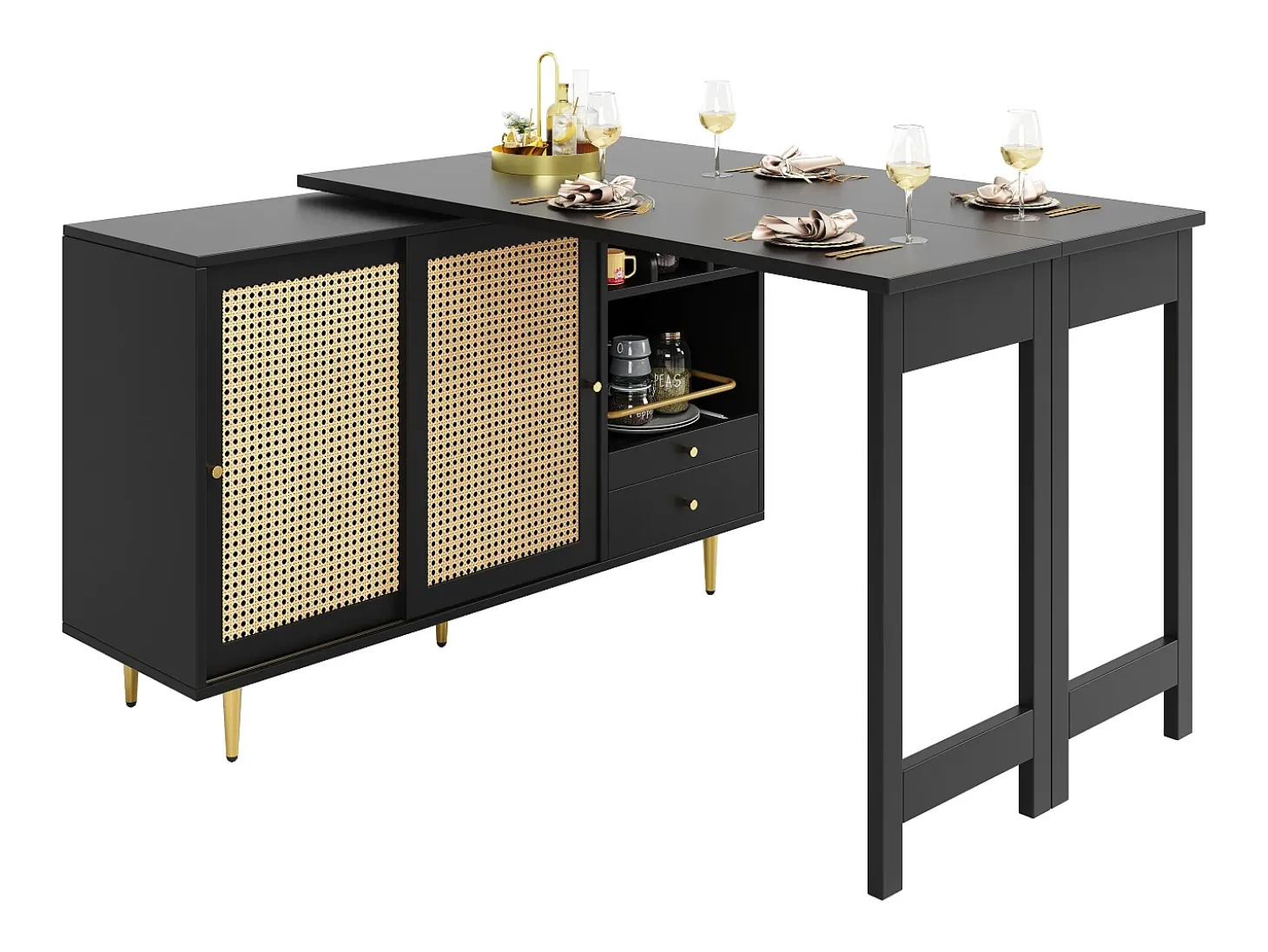 Bar giratório com 2 portas de correr em rattan e gaveta - Preto