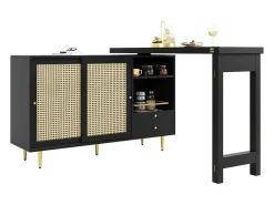 Bar giratório com 2 portas de correr em rattan e gaveta - Preto