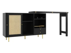 Bar giratório com 2 portas de correr em rattan e gaveta - Preto