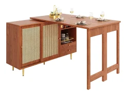 Bar giratório com 2 portas de correr em rattan e gaveta - castanho