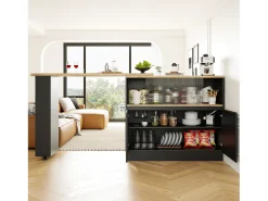 Bar giratório com espaço de arrumação - Madeira MDF e vidro - Preto e bege claro