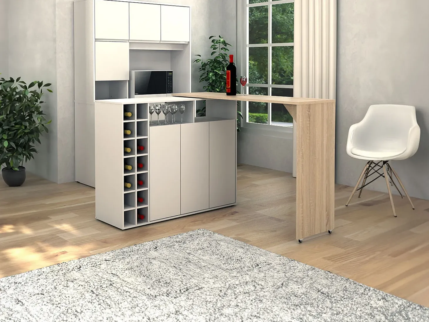 Bar giratório com espaço para armazenamento - Branco e Natural - VINALO