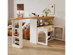 Bar giratório com iluminação LED e 2 portas de vidro - branco e natural