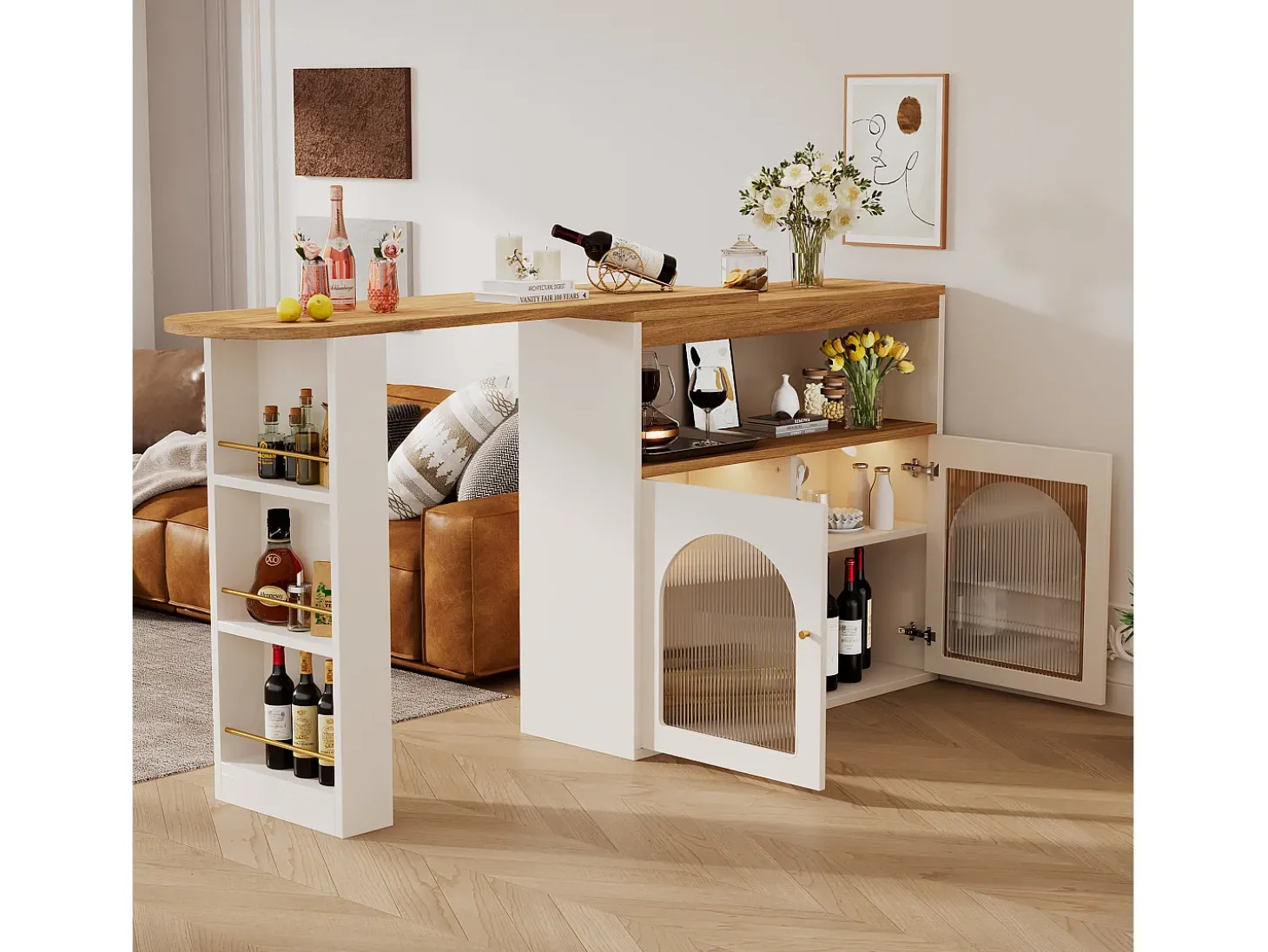 Bar giratório com iluminação LED e 2 portas de vidro - branco e natural