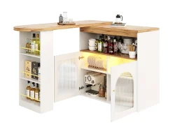 Bar giratório com iluminação LED e 2 portas de vidro - branco e natural