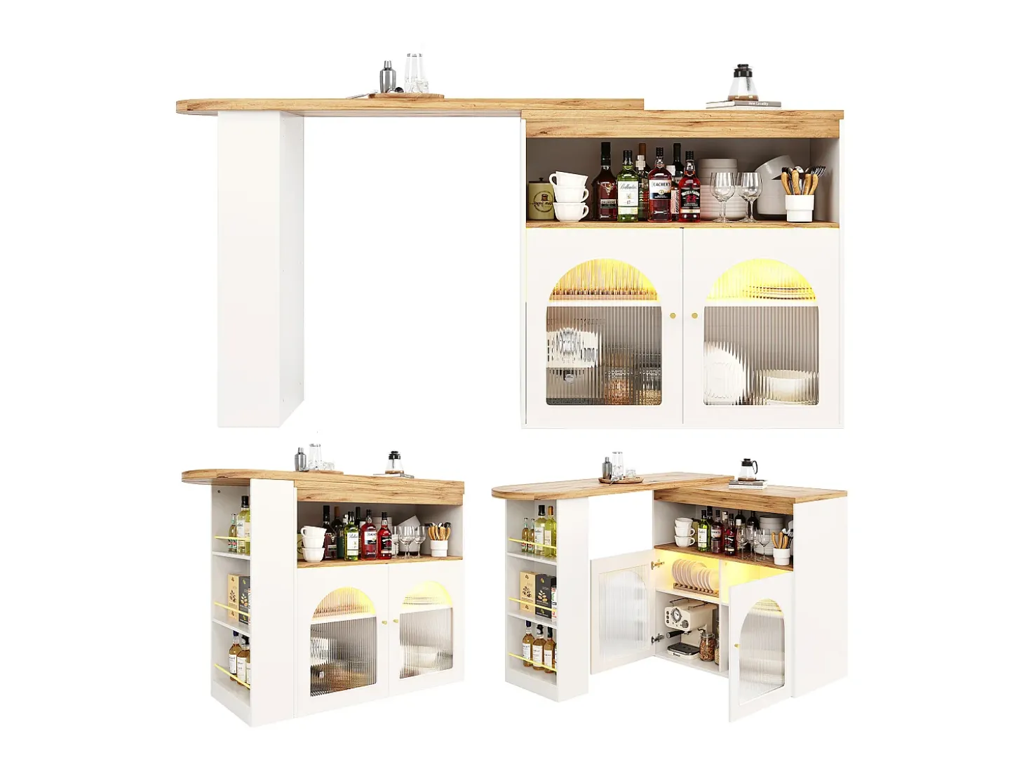 Bar giratório com iluminação LED e 2 portas de vidro - branco e natural