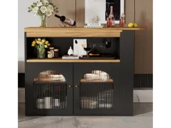 Bar giratório com iluminação LED e 2 portas de vidro - Preto e bege claro