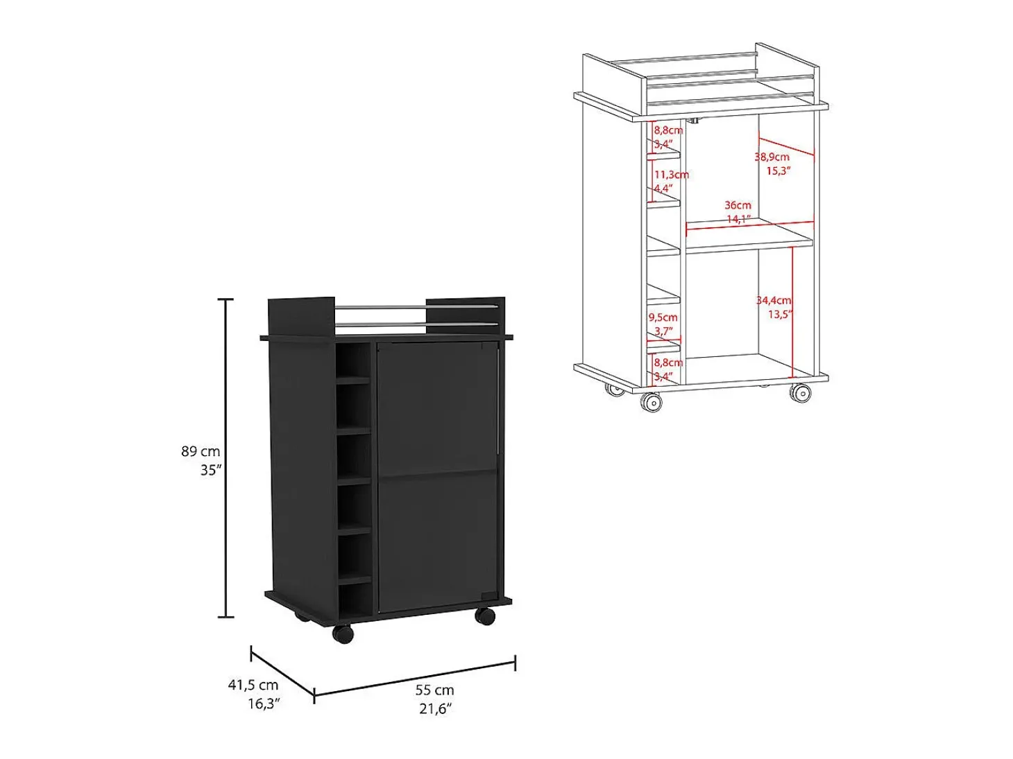 Bar Trolley Dukat, com rodas e porta de vidro