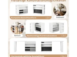 Bar/aparador extensível com dobradiças giratórias - 120 x 50 x 95,5 cm - com porta + prateleiras + iluminação LED + 2 gavetas - MDF - branco