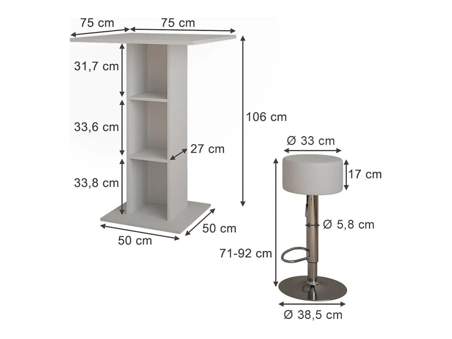 Bartisch-Set branco 75x75x106 repose