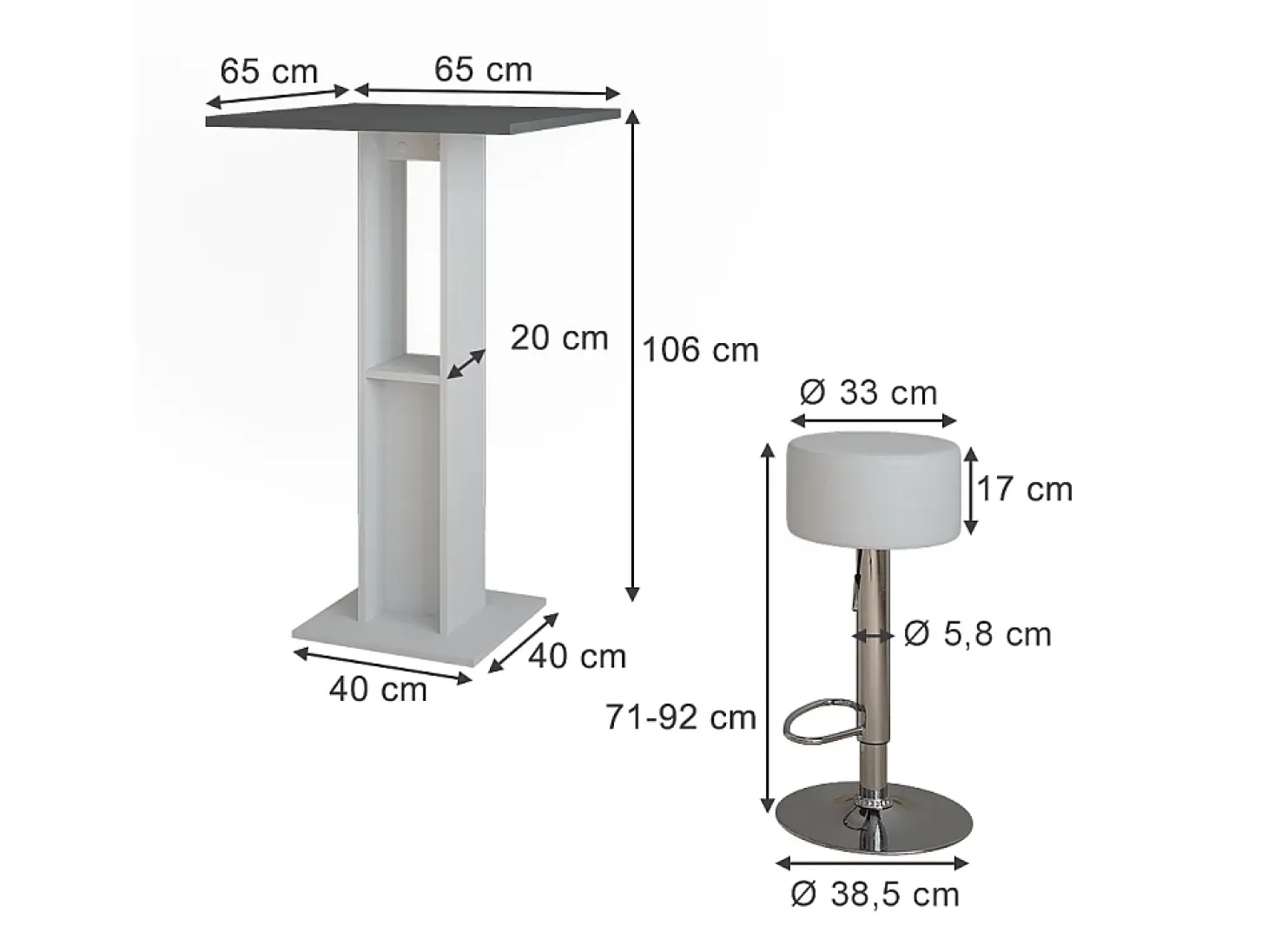 Bartisch-Set branco/antracite 65x65x106 repose