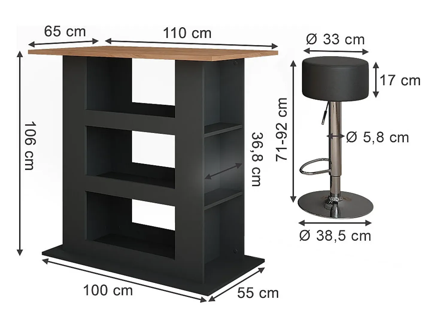Bartisch-Set carvalho goldkraft/antracite 110x65x106 repose