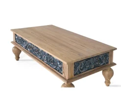 Base de mesa em teck sculpté à la main, bicolor natural e bleu