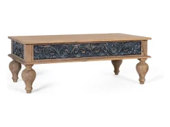 Base de mesa em teck sculpté à la main, bicolor natural e bleu
