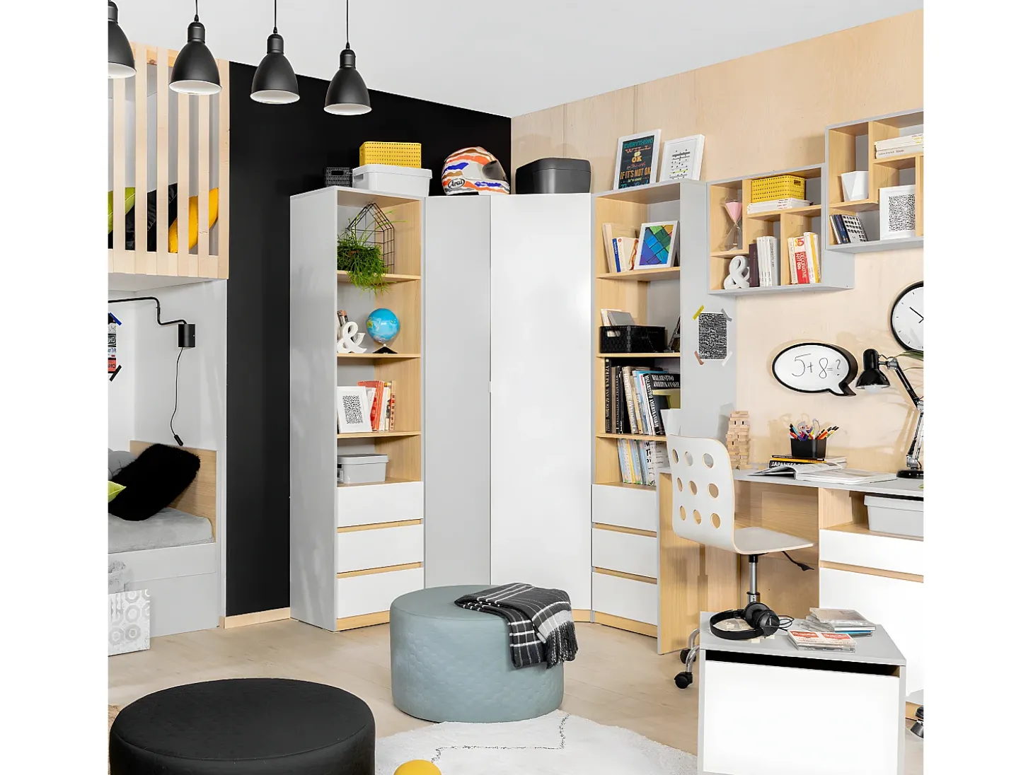 Biblioteca 3 gavetas Pop cinzento e branco 200cm