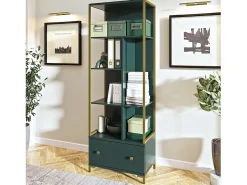 Biblioteca design com muitos compartimentos na cor verde e dourado, coleção DOUGLAS.