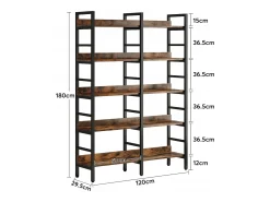 Biblioteca, Estante de Escritório com 5 Níveis, Estante em Pés, Biblioteca Aberta, Grande, Estilo Industrial, 180 x 80 x 30 cm
