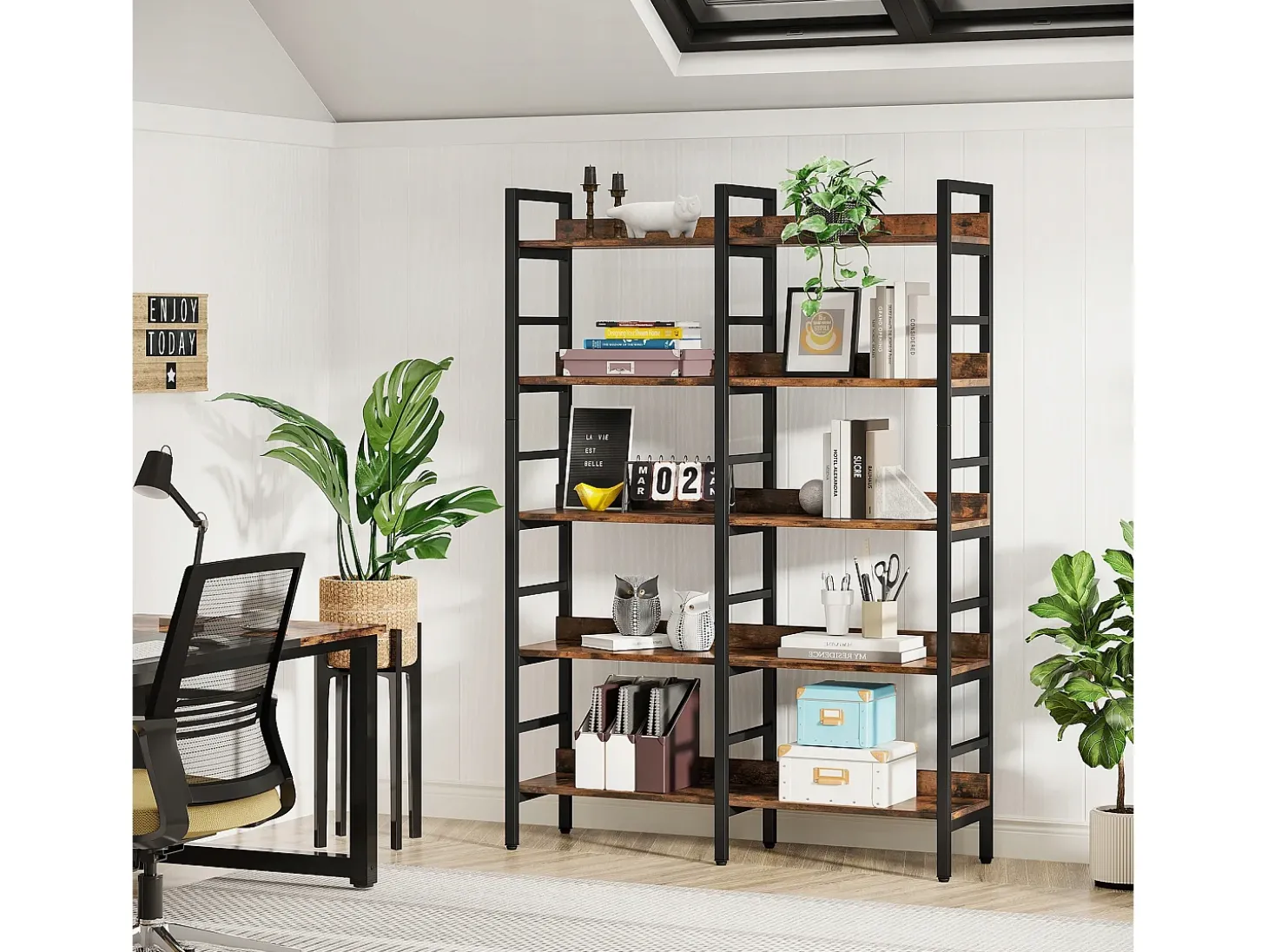 Biblioteca, Estante de Escritório com 5 Níveis, Estante em Pés, Biblioteca Aberta, Grande, Estilo Industrial, 180 x 80 x 30 cm