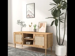 Buffet Artic em madeira clara com portas de efeito de cana e nichos - Estilo Contemporâneo - 115 cm