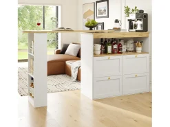 Buffet, Móvel de bar giratório e retrátil - 4 gavetas e 4 compartimentos - Branco