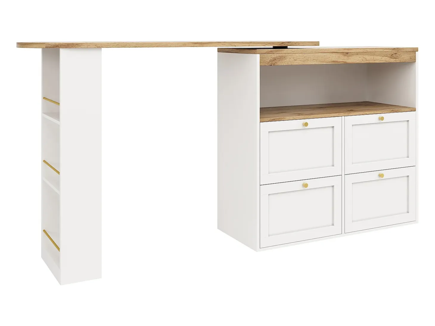 Buffet, Móvel de bar giratório e retrátil - 4 gavetas e 4 compartimentos - Branco