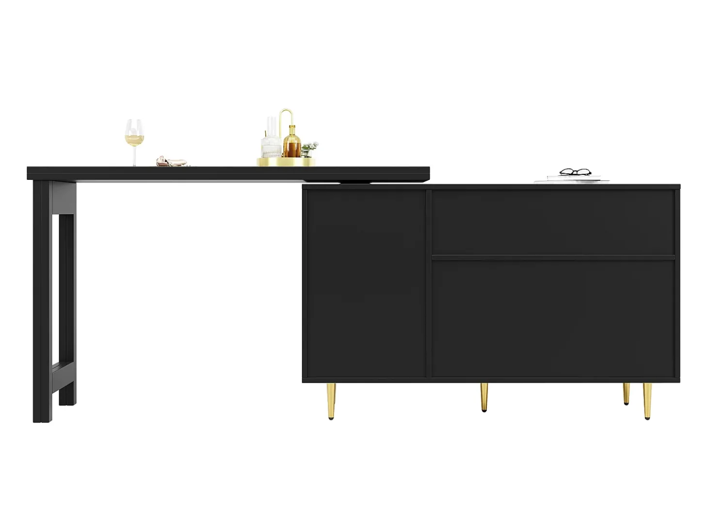 Buffet, móvel de bar giratório extensível - em MDF - com diversos armazenamentos - Preto