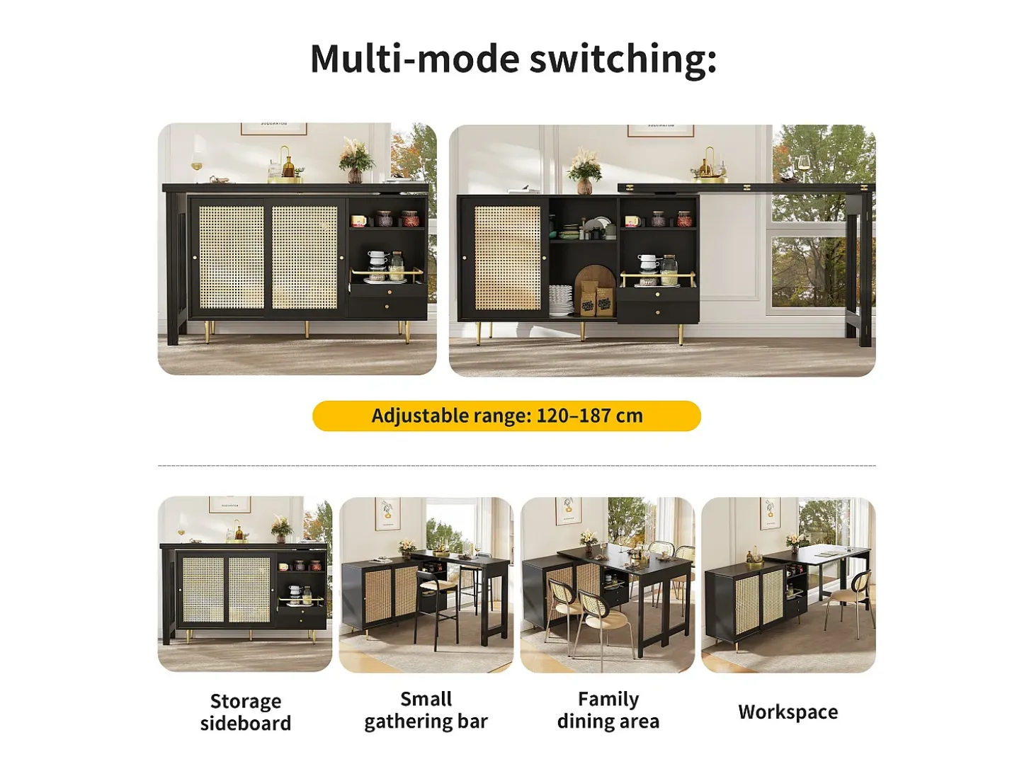 Buffet, móvel de bar giratório extensível - em MDF - com diversos armazenamentos - Preto