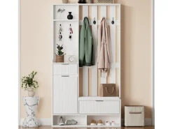 Cabide 6 em 1 - 100 x 30 x 180 cm - com 8 ganchos + sapateira + gavetas - aglomerado - branco