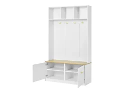 Cabide branco para hall de entrada com banco, 4 ganchos e 2 portas, 105×40×180 cm