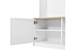 Cabide branco para hall de entrada com banco, 4 ganchos e 2 portas, 105×40×180 cm