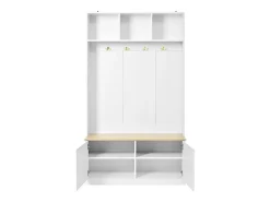 Cabide branco para hall de entrada com banco, 4 ganchos e 2 portas, 105×40×180 cm