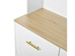 Cabide branco para hall de entrada com banco, 4 ganchos e 2 portas, 105×40×180 cm