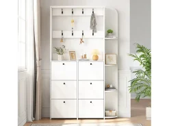 Cabideiro 3 em 1 para corredor - 120 x 24 x 200 cm - com 8 ganchos + 6 sapateiras - aglomerado - branco