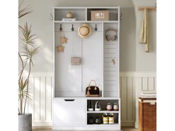 Cabideiro de entrada moderno 100x40x185.4cm - com 6 ganchos e 1 porta - com 4 prateleiras abertas - Branco