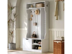 Cabideiro de entrada moderno 100x40x185.4cm - com 6 ganchos e 1 porta - com 4 prateleiras abertas - Branco
