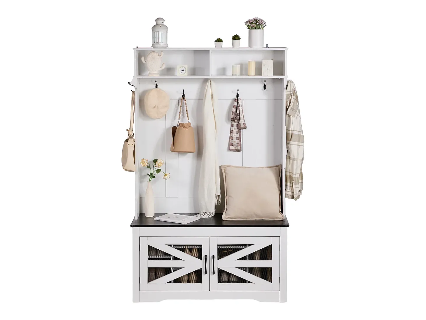 Cabideiro de Madeira SucceBuy com Banco e 7 Ganchos para Entrada e Corredor - Móvel Funcional para Vestiário e Espaços de Entrada