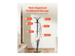 Cabideiro de Pé SucceBuy, Cabideiro com Porta-Guarda-Chuvas, Base em Mármore, 14 Ganchos, Cabideiro em Metal para Entrada, Quarto, Sala