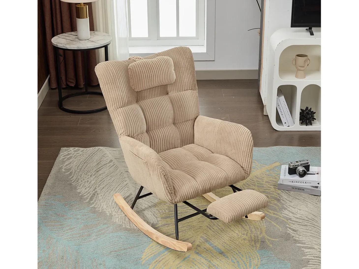 Cadeira de balanço 102×65×92 cm - assento acolchoado - encosto alto - com almofada cervical - Marrom