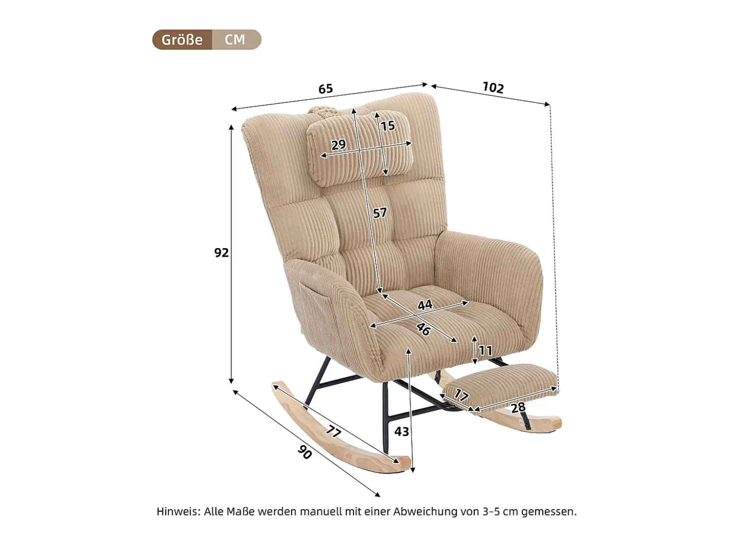 Cadeira de balanço 102×65×92 cm - assento acolchoado - encosto alto - com almofada cervical - Marrom