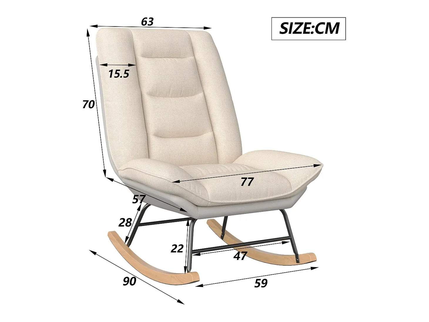 Cadeira de balanço acolchoada com encosto ajustável - Para sala de estar, quarto ou varanda - Dimensões: 90 x 77 x 98 cm