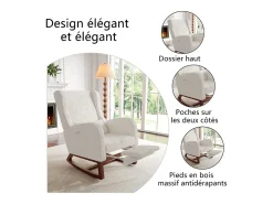 Cadeira de balanço com almofada lombar, bolso lateral e apoio para os pés, pés de madeira maciça, bege.