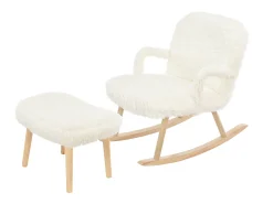 Cadeira de balanço com apoio para os pés, poltrona de balanço, com pernas em formato de E, madeira e metal, branco