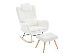 Cadeira de balanço com apoio para os pés - 73 x 92 x 102 cm - Apoios de braços e apoio de cabeça - Tecido de veludo Teddy - Branco