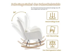 Cadeira de balanço com apoio para os pés - 73 x 92 x 102 cm - Apoios de braços e apoio de cabeça - Tecido de veludo Teddy - Branco