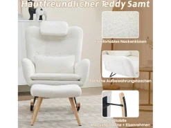 Cadeira de balanço com apoio para os pés - 73 x 92 x 102 cm - Apoios de braços e apoio de cabeça - Tecido de veludo Teddy - Branco